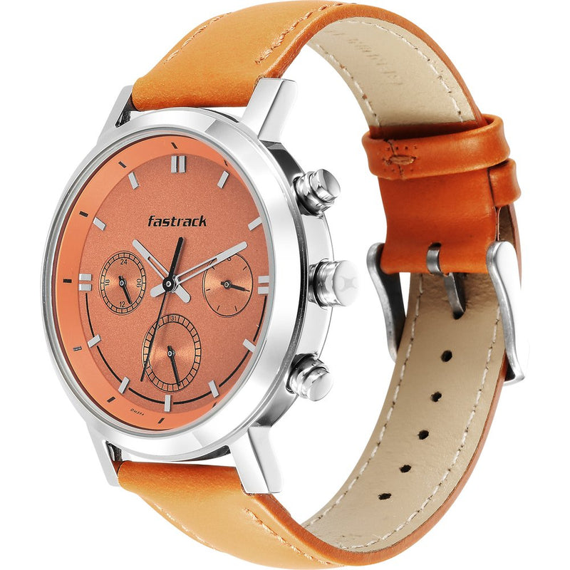 Fastrack Tick Tock Quartz Multifunction Orange Dial Leather Strap Watch for Guys