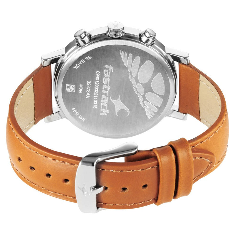 Fastrack Tick Tock Quartz Multifunction Orange Dial Leather Strap Watch for Guys