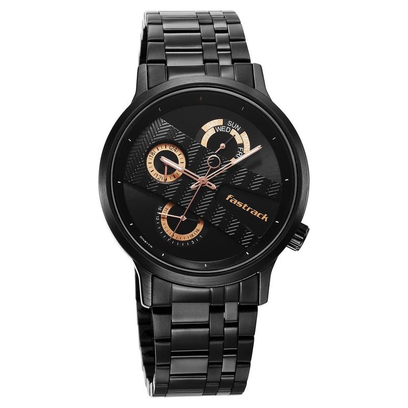 Fastrack Exuberant Quartz Multifunction Black Dial Stainless Steel Strap Watch for Guys