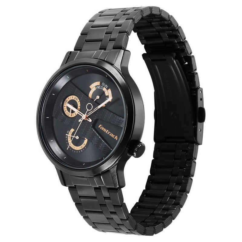 Fastrack Exuberant Quartz Multifunction Black Dial Stainless Steel Strap Watch for Guys