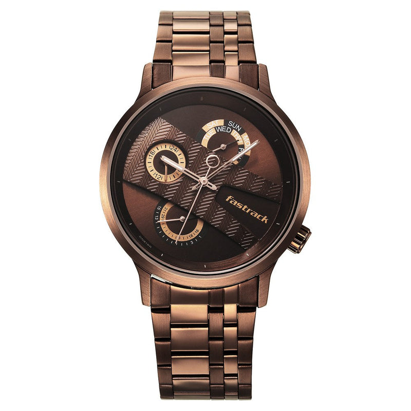 Fastrack Exuberant Quartz Multifunction Brown Dial Stainless Steel Strap Watch for Guys