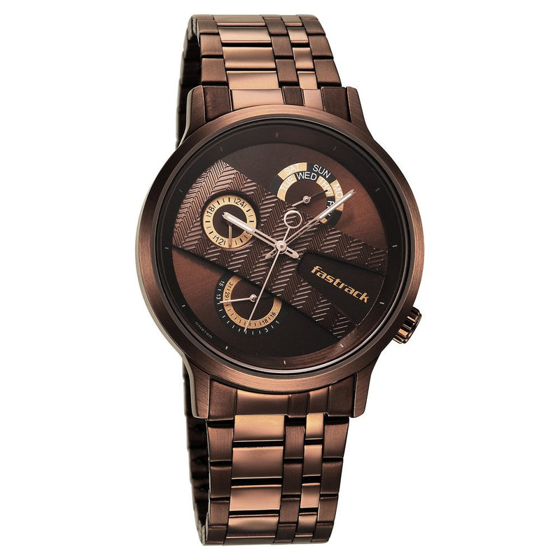 Fastrack Exuberant Quartz Multifunction Brown Dial Stainless Steel Strap Watch for Guys