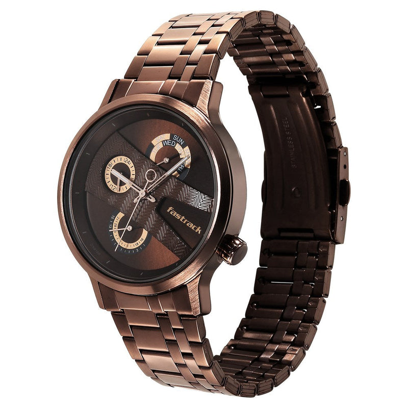 Fastrack Exuberant Quartz Multifunction Brown Dial Stainless Steel Strap Watch for Guys