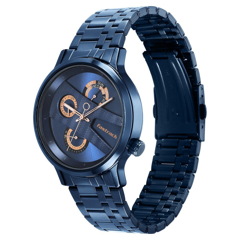 Fastrack Exuberant Quartz Multifunction Blue Dial Stainless Steel Strap Watch for Guys