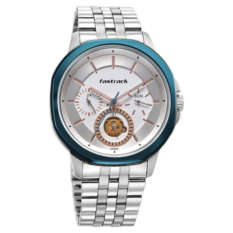 Fastrack Exuberant Quartz Multifunction Silver Dial Stainless Steel Strap Watch for Guys