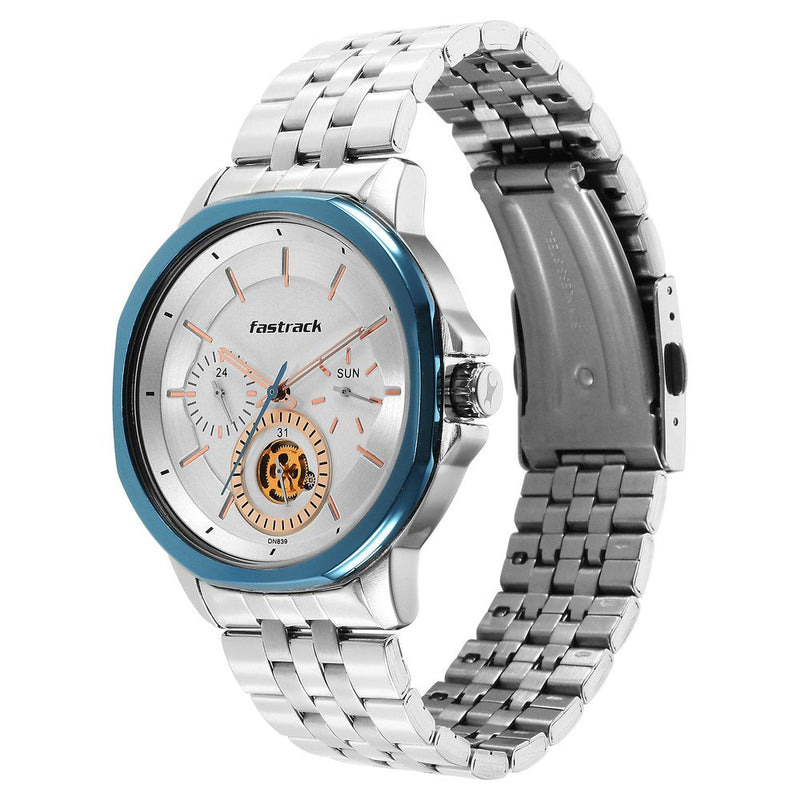 Fastrack Exuberant Quartz Multifunction Silver Dial Stainless Steel Strap Watch for Guys