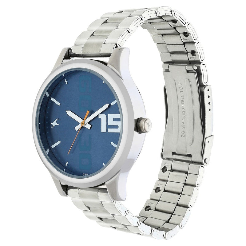 Fastrack Bold Quartz Analog Blue Dial Stainless Steel Strap Watch for Guys