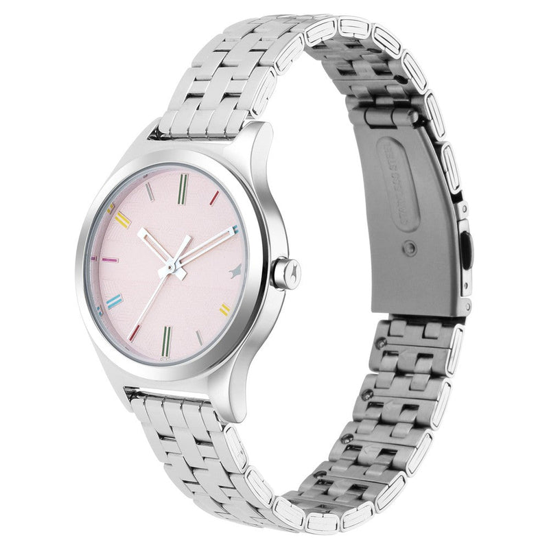 Fastrack Stunners Quartz Analog Pink Dial Metal Strap Watch for Girls