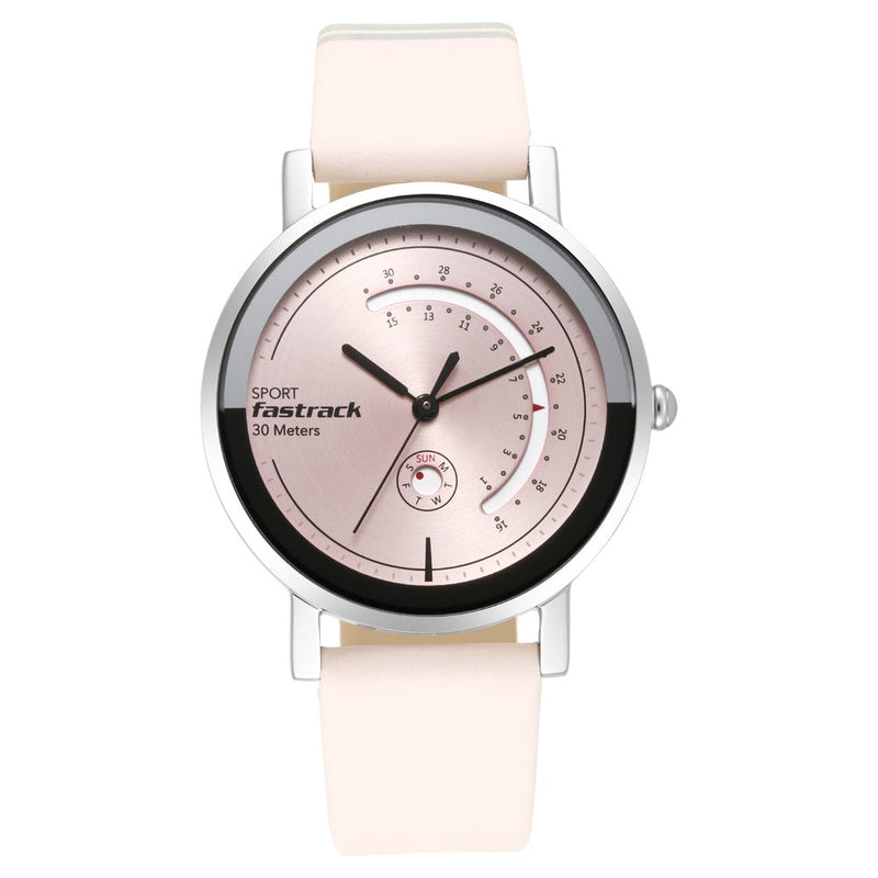 Fastrack Wear Your Look Quartz Analog with Day and Date Pink Dial Leather Strap Watch for Girls