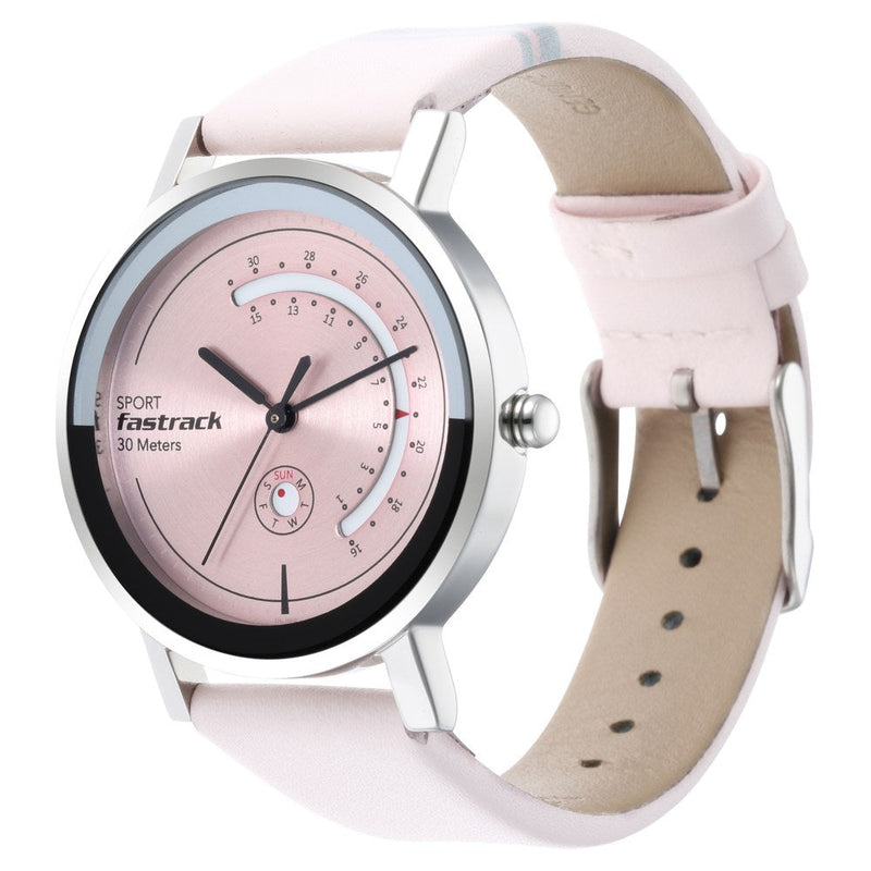 Fastrack Wear Your Look Quartz Analog with Day and Date Pink Dial Leather Strap Watch for Girls