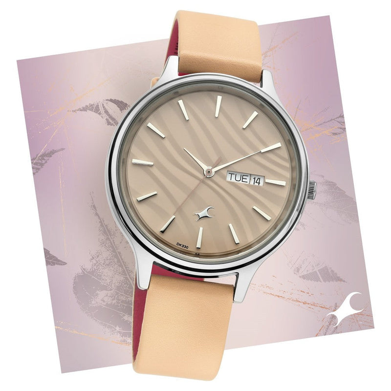 Fastrack Fastrack Ruffles Quartz Analog with Day and Date Beige Dial Leather Strap Watch for Girls