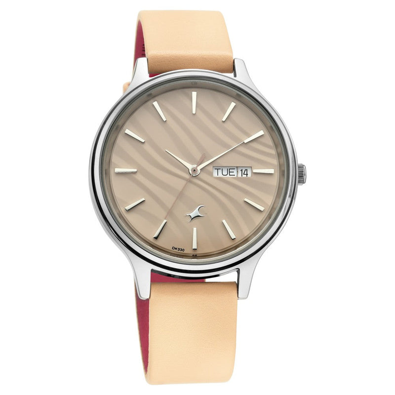 Fastrack Fastrack Ruffles Quartz Analog with Day and Date Beige Dial Leather Strap Watch for Girls