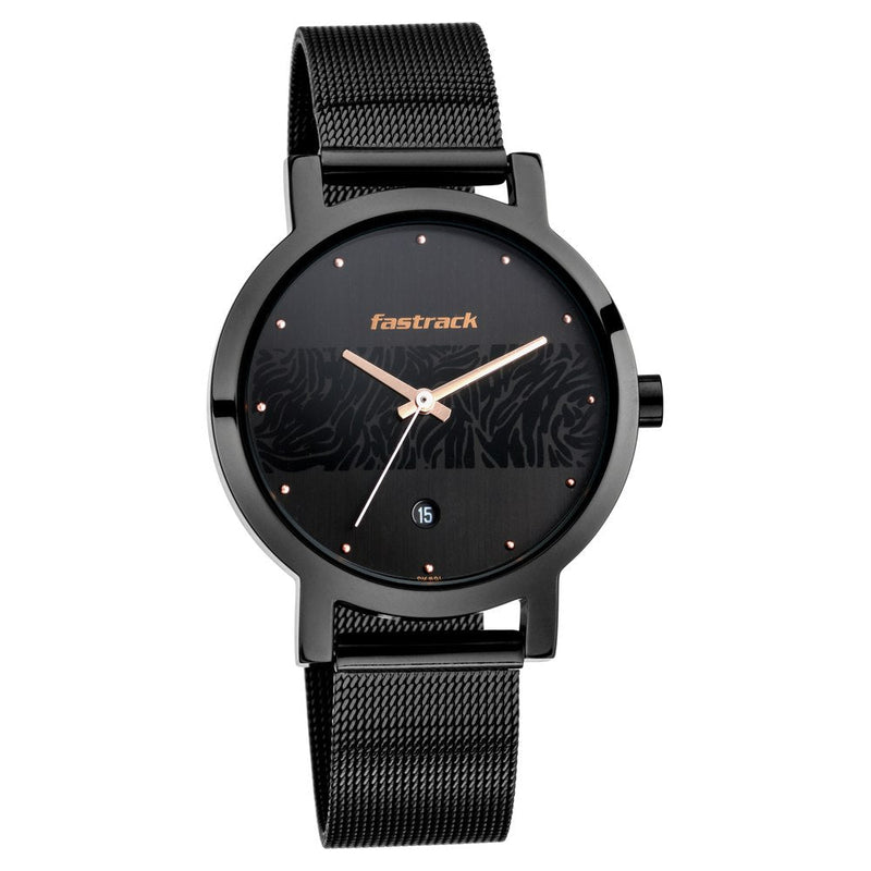 Fastrack Fastrack Animal Print Quartz Analog with Date Black Dial Stainless Steel Strap Watch for Girls