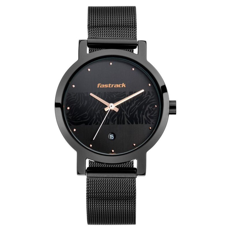 Fastrack Fastrack Animal Print Quartz Analog with Date Black Dial Stainless Steel Strap Watch for Girls