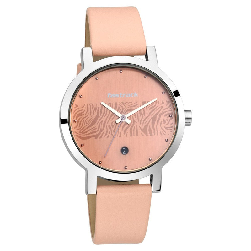 Fastrack Fastrack Animal Print Quartz Analog with Date Rose Gold Dial Leather Strap Watch for Girls