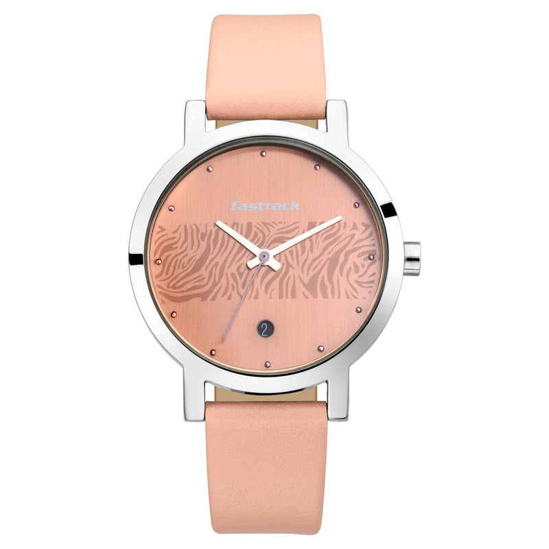 Fastrack Fastrack Animal Print Quartz Analog with Date Rose Gold Dial Leather Strap Watch for Girls