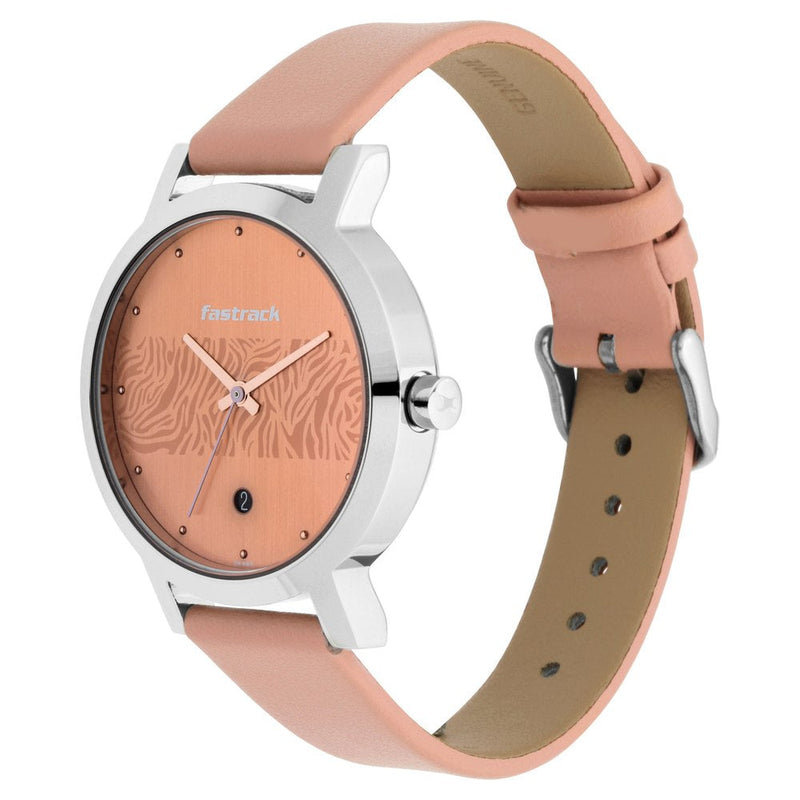 Fastrack Fastrack Animal Print Quartz Analog with Date Rose Gold Dial Leather Strap Watch for Girls