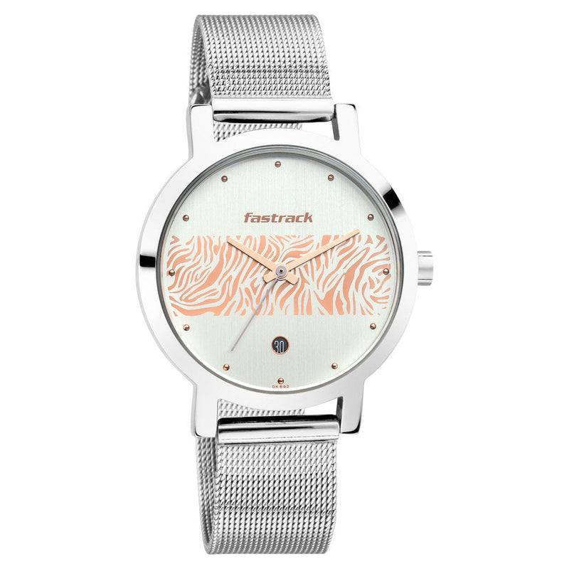 Fastrack Fastrack Animal Print Quartz Analog with Date Bicolour Dial Stainless Steel Strap Watch for Girls