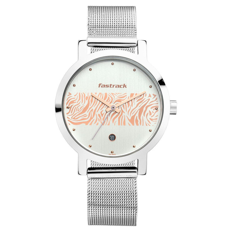 Fastrack Fastrack Animal Print Quartz Analog with Date Bicolour Dial Stainless Steel Strap Watch for Girls