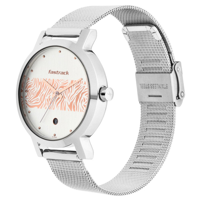 Fastrack Fastrack Animal Print Quartz Analog with Date Bicolour Dial Stainless Steel Strap Watch for Girls