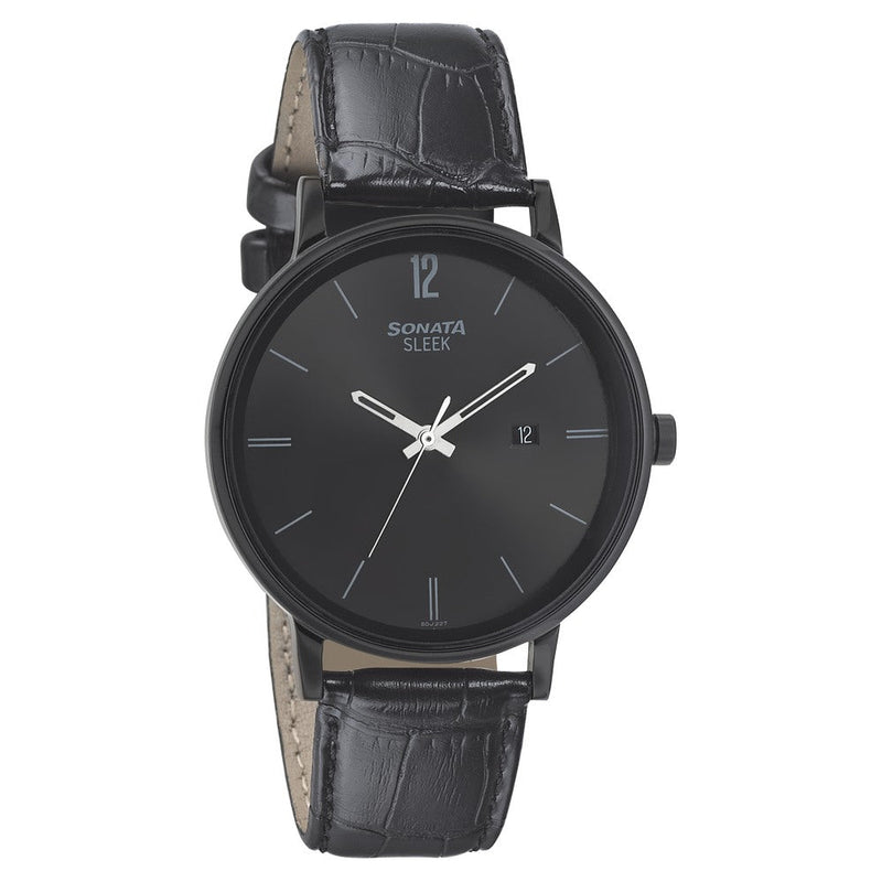 Sonata Quartz Analog with Date Black Dial Leather Strap Watch for Men