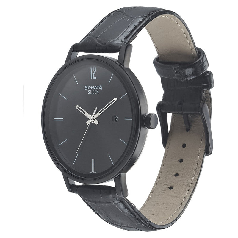 Sonata Quartz Analog with Date Black Dial Leather Strap Watch for Men