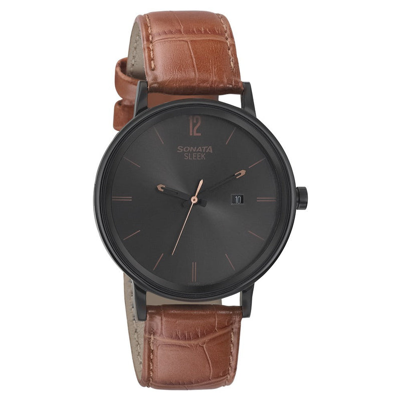 Sonata Quartz Analog with Date Black Dial Leather Strap Watch for Men