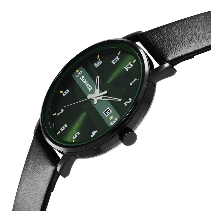 Sonata Quartz Analog with Date Green Dial Leather Strap Watch for Men