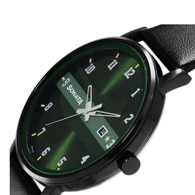 Sonata Quartz Analog with Date Green Dial Leather Strap Watch for Men