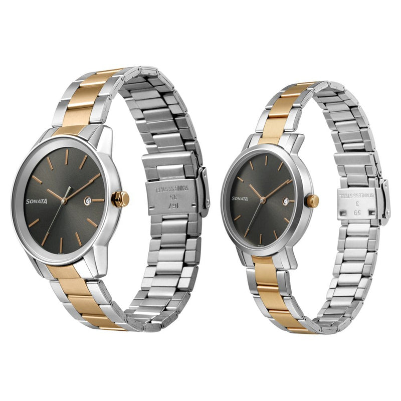 Sonata Quartz Analog with Date Black Dial Metal Strap Watch for Couple