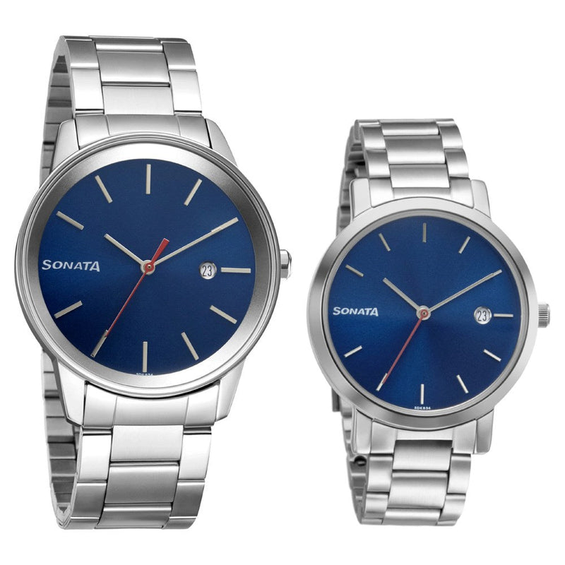 Sonata Quartz Analog with Date Blue Dial Metal Strap Watch for Couple