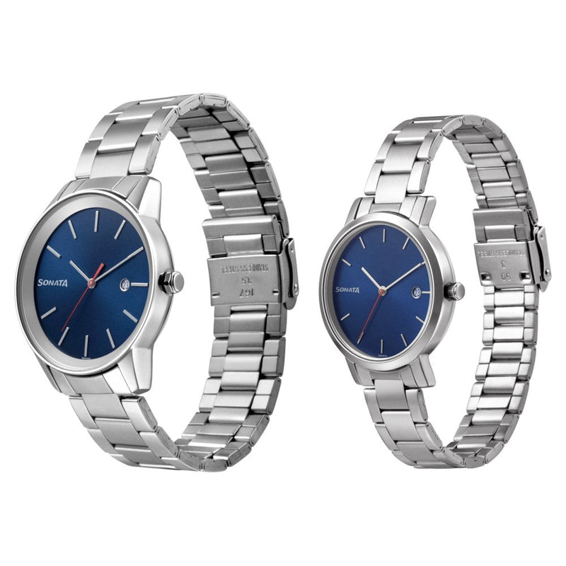 Sonata Quartz Analog with Date Blue Dial Metal Strap Watch for Couple