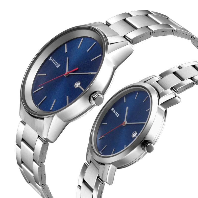 Sonata Quartz Analog with Date Blue Dial Metal Strap Watch for Couple