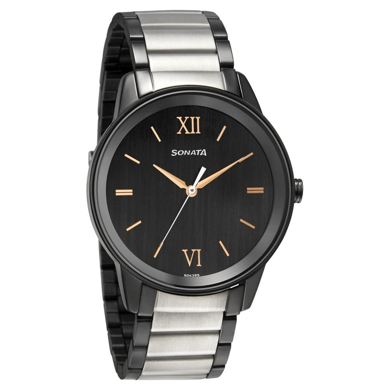 Sonata Quartz Analog Black Dial Metal Strap Watch for Men