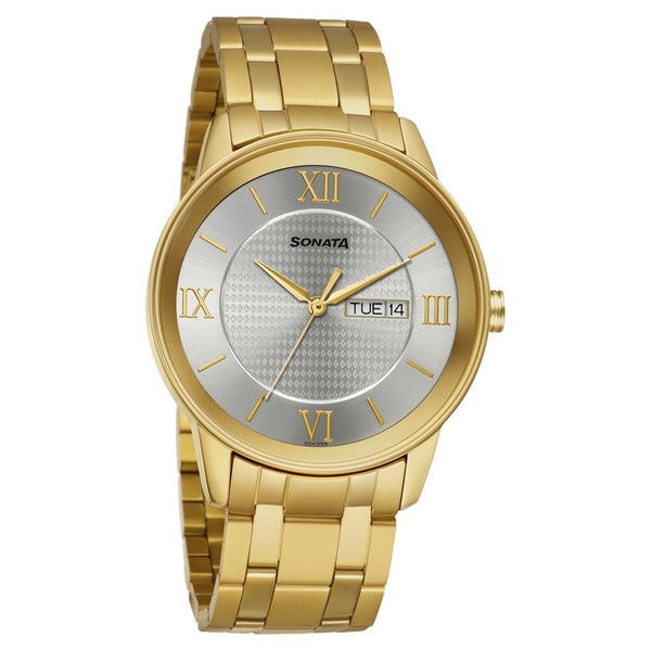 Sonata Quartz Analog with Day and Date Champagne Dial Stainless Steel Strap Watch for Men