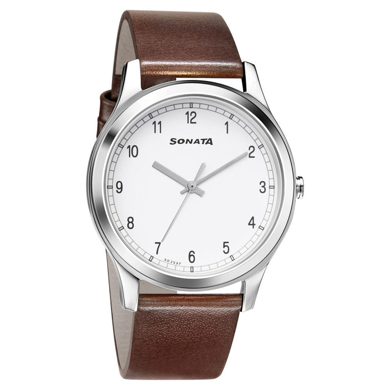 Sonata Quartz Analog White Dial Leather Strap Watch for Men