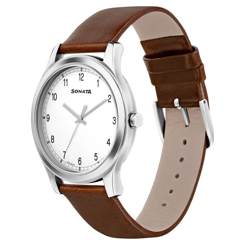 Sonata Quartz Analog White Dial Leather Strap Watch for Men