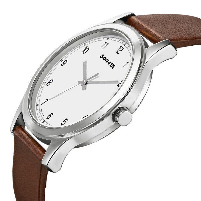 Sonata Quartz Analog White Dial Leather Strap Watch for Men