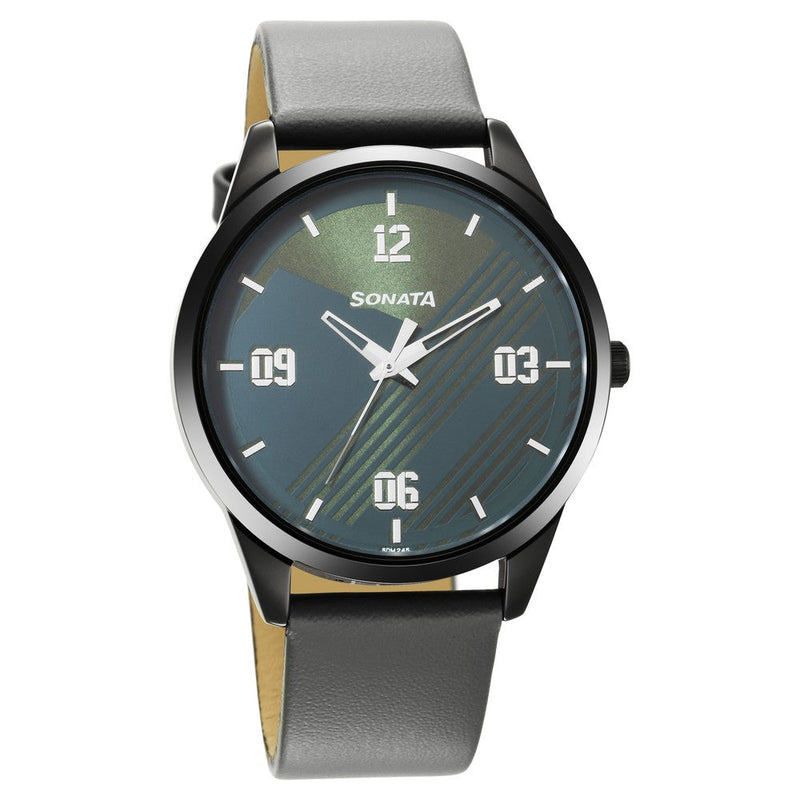 Sonata Quartz Analog Green Dial Leather Strap Watch for Men