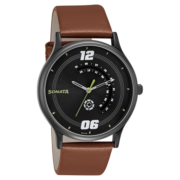 Sonata Quartz Analog with Day and Date Grey Dial Leather Strap Watch for Men