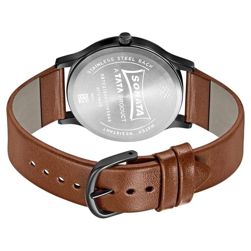 Sonata Quartz Analog with Day and Date Grey Dial Leather Strap Watch for Men