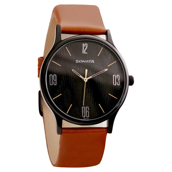 Sonata Quartz Analog Black Dial Leather Strap Watch for Men