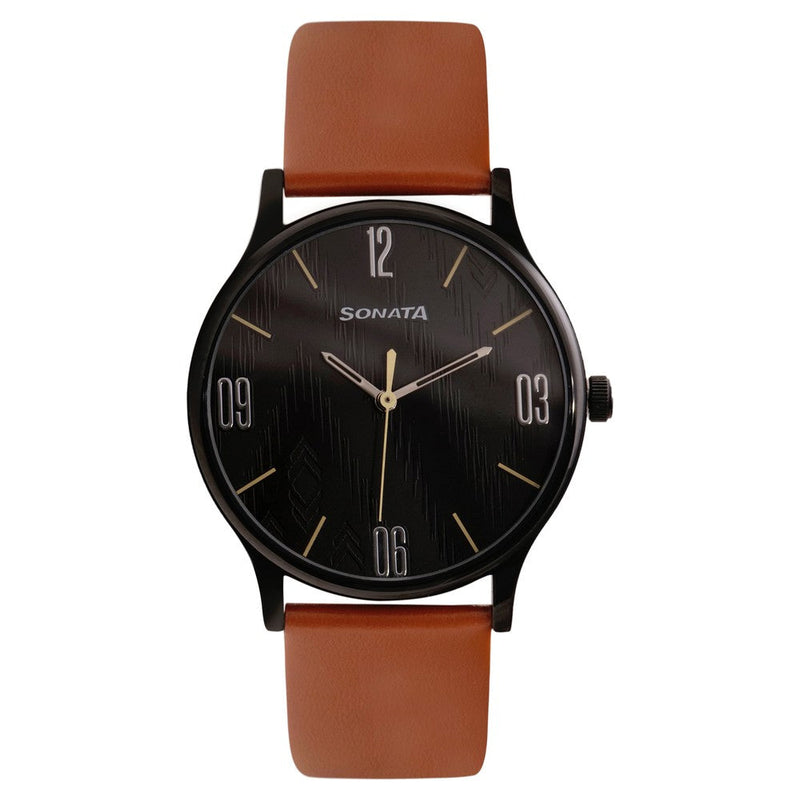 Sonata Quartz Analog Black Dial Leather Strap Watch for Men