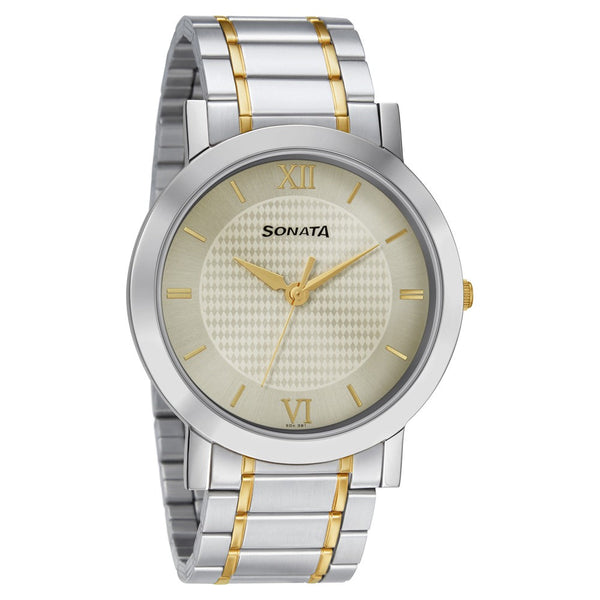 Sonata Quartz Analog Champagne Dial Stainless Steel Strap Watch for Men