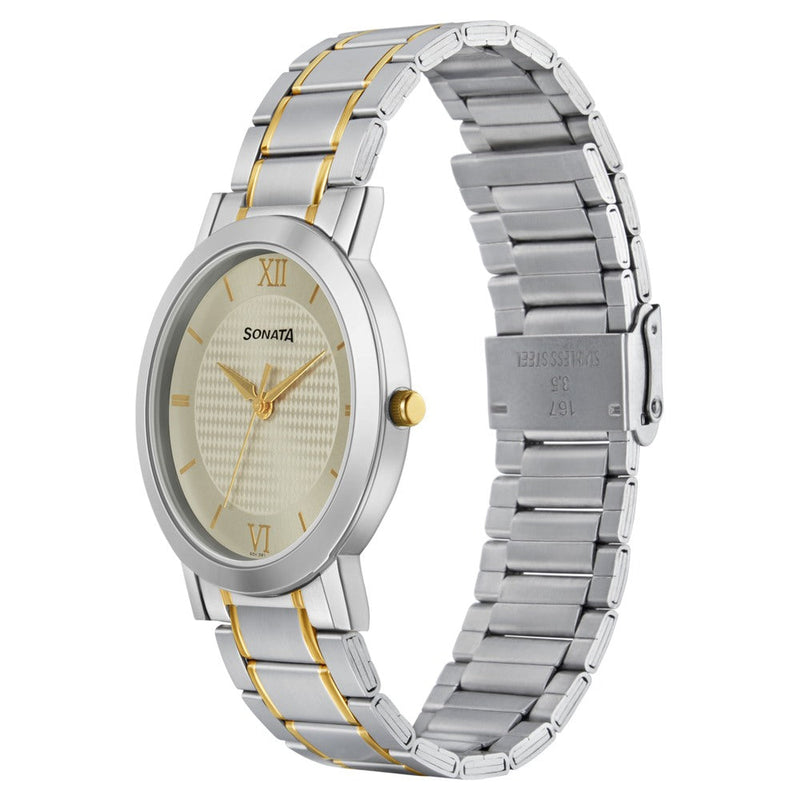 Sonata Quartz Analog Champagne Dial Stainless Steel Strap Watch for Men