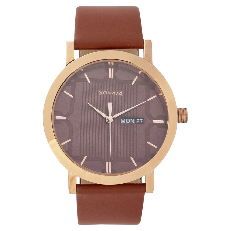 Sonata Quartz Analog with Day and Date Brown Dial Leather Strap Watch for Men