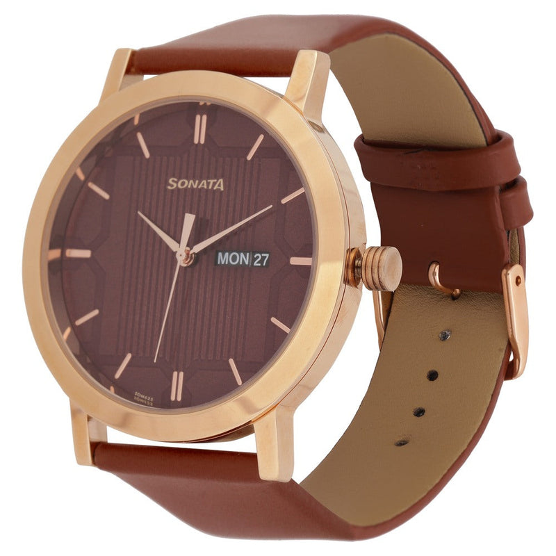 Sonata Quartz Analog with Day and Date Brown Dial Leather Strap Watch for Men