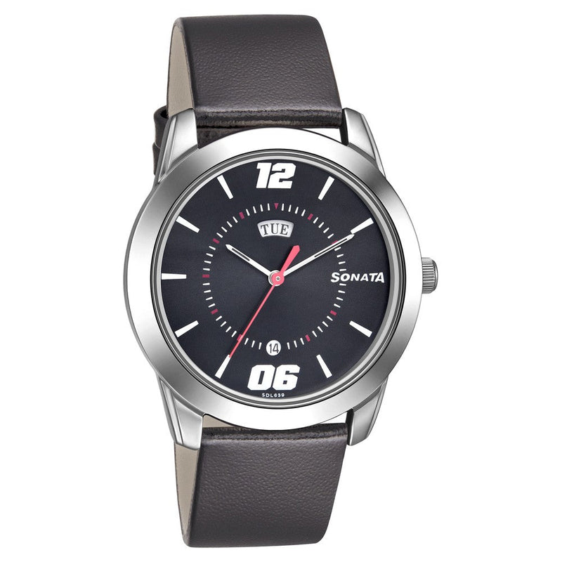 Sonata Quartz Analog with Day and Date Black Dial Leather Strap Watch for Men