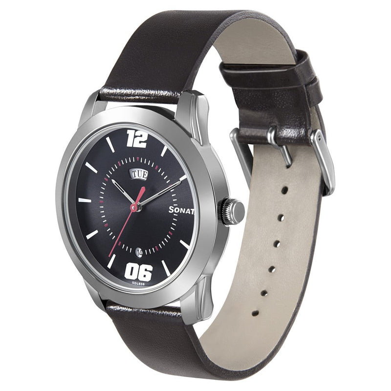 Sonata Quartz Analog with Day and Date Black Dial Leather Strap Watch for Men