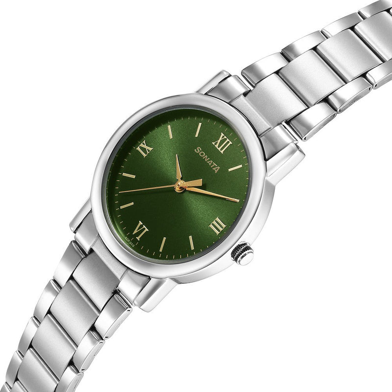 Sonata Classic Quartz Analog Green Dial Silver Stainless Steel Strap Watch for Men